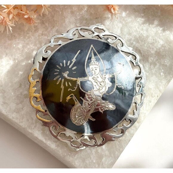 Vintage Jewelry - Mekkala Siam Sterling Silver 925 Circular Vintage Handcarved Brooch